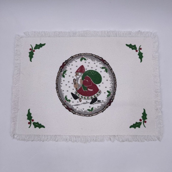 White Christmas Placemats Cotton Santa Mistletoe Holiday 16 x 11 inch Set of 2 - Picture 2 of 5